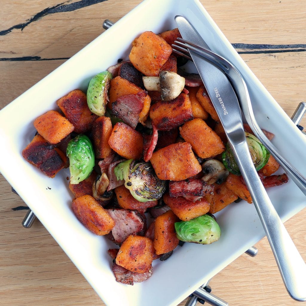 fried-gluten-free-sweet-potato-gnocchi-with-bacon-and-sprouts